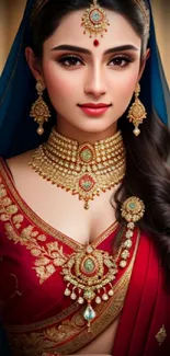 Elegant bride in traditional red attire with gold jewelry.