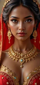 Traditional bridal portrait with red sari and gold jewelry.