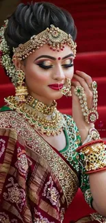 Traditional bride with colorful saree and gold jewelry on red stairs.