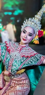 Traditional Thai dancer in vibrant costume performing gracefully.