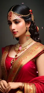 Elegant woman in red traditional attire with gold jewelry.