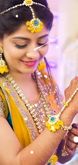 Woman in traditional attire with floral jewelry, smiling gracefully.