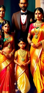 Family in traditional attire with vibrant colors.