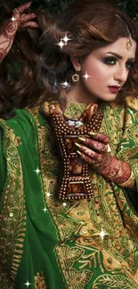 Traditional woman in green and gold attire with henna.