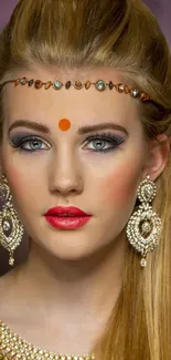 Elegant portrait with traditional jewelry and makeup.