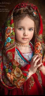 Elegant portrait of a girl in traditional attire with colorful floral shawl.