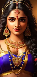 Elegant traditional portrait with rich jewelry and vibrant colors.