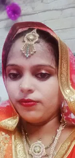 Woman in traditional attire with elegant jewelry against a brick wall.