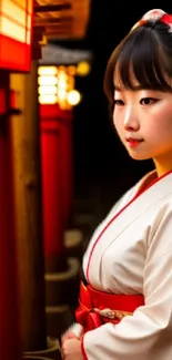 Elegant portrait of woman in traditional attire with red and white accents.