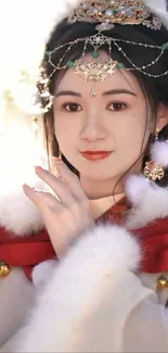 Woman in traditional attire with ornate jewelry in elegant portrait.