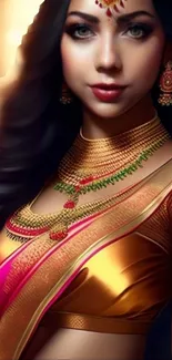 Woman in a vibrant traditional saree with gold jewelry and intricate details.