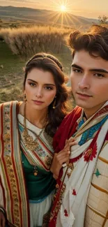 Elegant couple in traditional attire at sunset with nature backdrop.