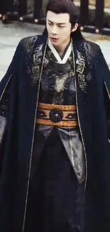 Regal warrior in traditional attire with dark blue cloak.