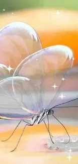 Transparent butterfly resting on soft orange surface, elegant and serene.