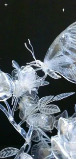 Transparent butterfly art with delicate flowers on a black backdrop.