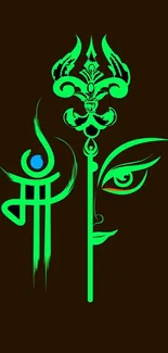 Tribal inspired artwork with green designs on a dark brown background.