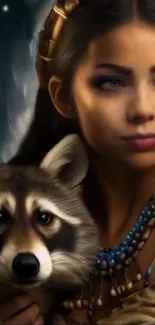 Tribal woman with a raccoon in artistic setting.