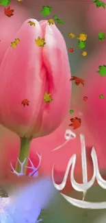 Pink tulip with calligraphy and colorful leaves wallpaper.