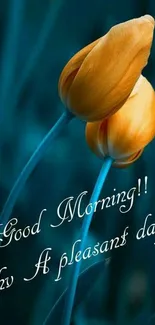 Orange tulips with 'Good Morning' text on teal background.