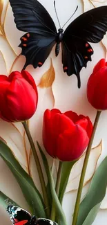 Red tulips and black butterfly on decorative wallpaper.