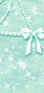 Turquoise wallpaper with bow and pearls