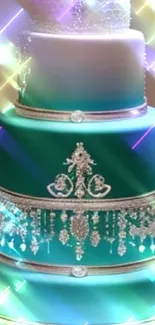 Elegant turquoise ombre wedding cake with decorative elements.