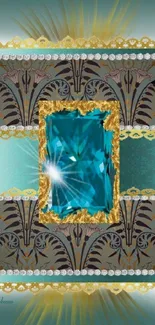 Elegant mobile wallpaper with turquoise gem and Art Deco patterns.