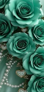 Turquoise roses with pearls and hearts wallpaper.