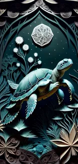 Turtle art mobile wallpaper with teal tones and intricate paper-cut design.