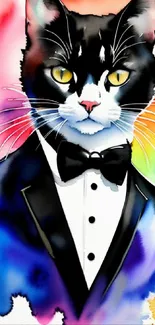 Elegant tuxedo cat with vibrant splash art on mobile wallpaper.