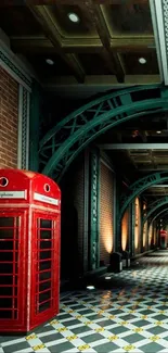 Vintage red phone booth in elegant underground corridor.