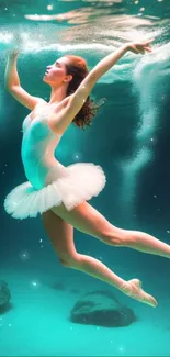 Ballet dancer performs gracefully underwater, showcasing elegance and tranquility.