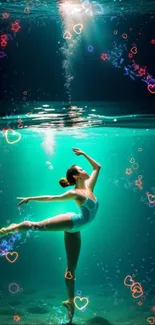 Graceful ballerina dancing underwater illuminated by sunlit waters.