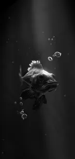 Monochrome underwater fish swimming with bubbles.