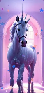 Majestic white unicorn in a mystical pink-lit room.