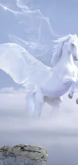 Majestic white unicorn flying over clouds in a mystical sky.