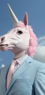 Unicorn head on human body in blue suit with cloudy sky background.