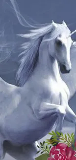 Majestic unicorn with wings and flowers on a mobile wallpaper.