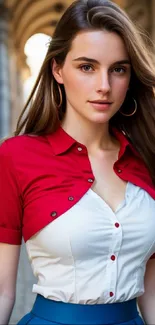 Elegant woman in red top with urban background and classic architecture.