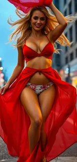 Woman in red dress captured in an urban street at night.