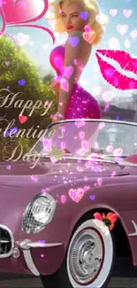 Elegant wallpaper with pink car and Valentine's theme.