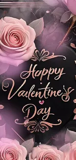 Happy Valentine's Day wallpaper with pink roses and elegant script.