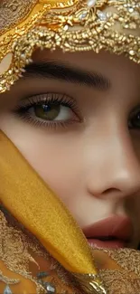 Close-up of a woman's eye with golden veil.