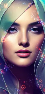 Elegant woman in a colorful, glowing veil on a digital wallpaper.