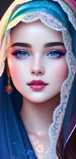 Woman with vibrant jeweled veil portrait.