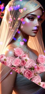 Elegant woman with veil and pink roses in digital art portrait.