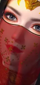 Artistic portrait wallpaper with a veiled character in red and gold details.