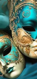 Blue and gold Venetian masks with intricate designs.