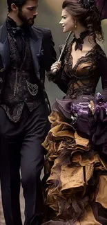 Elegant Victorian couple strolling together, showcasing vintage fashion.