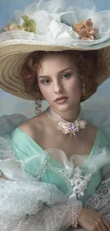 Victorian lady wearing a large hat with flowers.